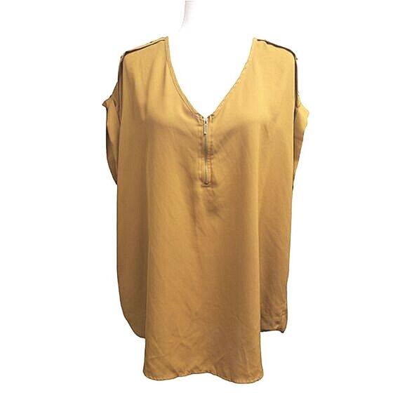 Speed Limit MPH Blouse Cuffef Cap Sleeves V-Neck 1/4 Zipper Dark Gold/Brown 2X - Picture 7 of 7